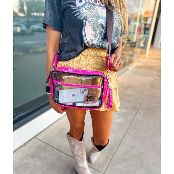 Priscilla Clear Cowhide Crossbody Purse Bag Concert Festival Stadium Pink Silver - Picture 4 of 8